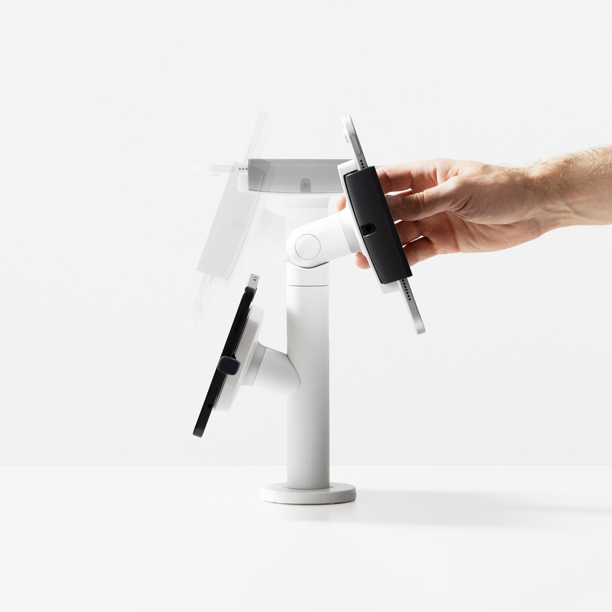 Bouncepad Clip Twin tabletbureauhouder in wit, vooraanzicht, draaifunctie