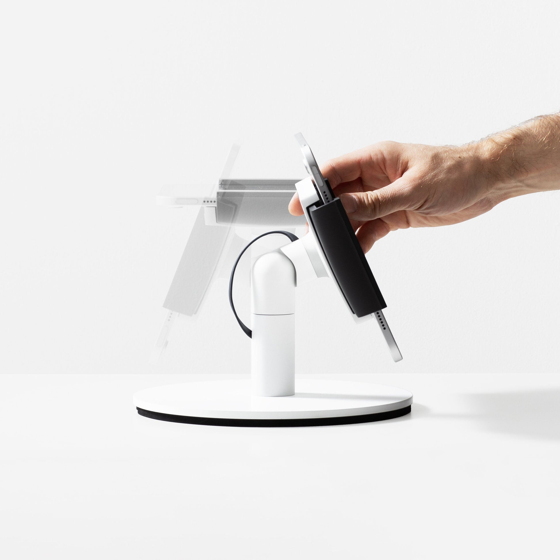 Bouncepad Clip Counter Twist-Mini tabletstandaard in wit, vooraanzicht, draaifunctie