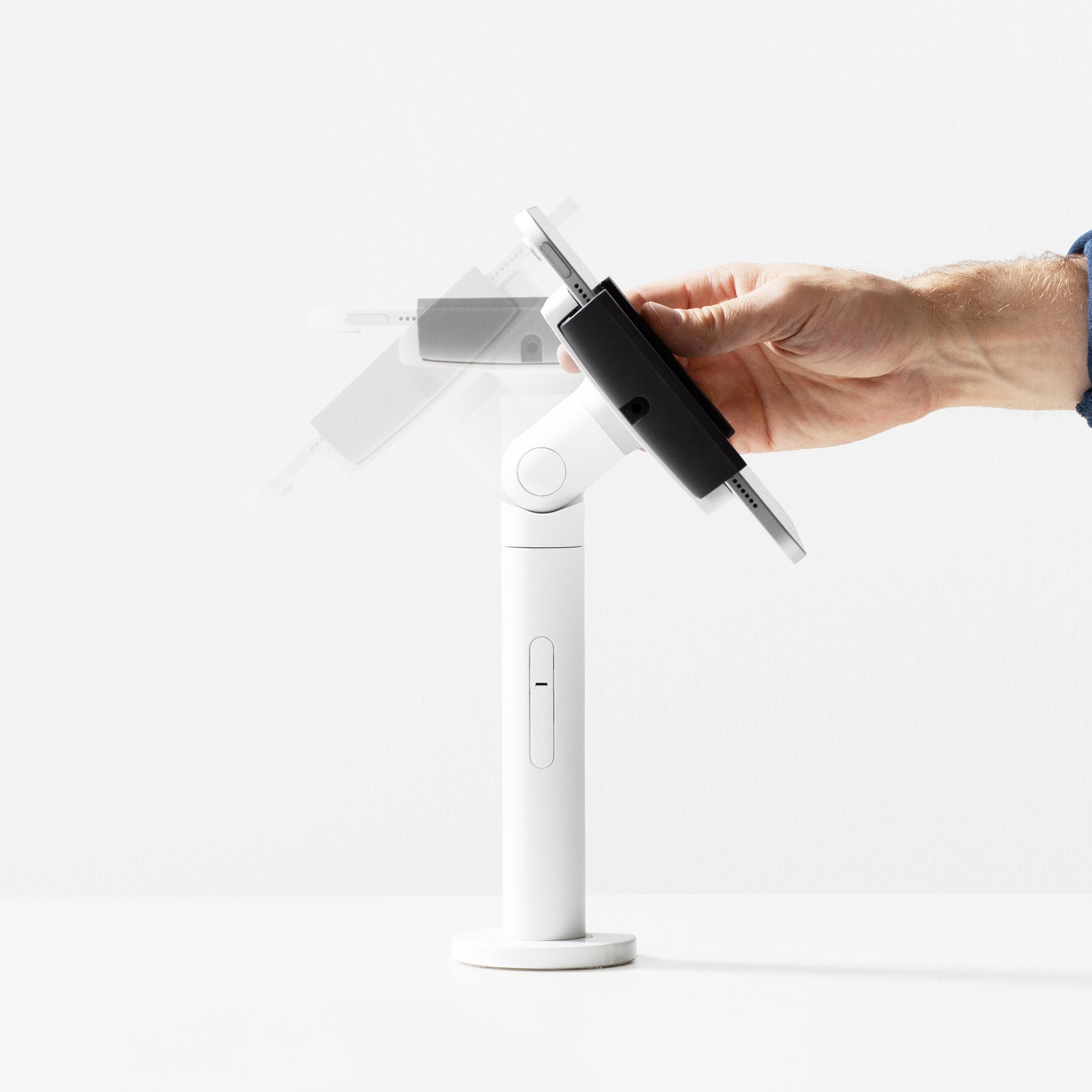 Bouncepad Clip Twist tablet-bureauhouder in wit, vooraanzicht, rotatiefunctie