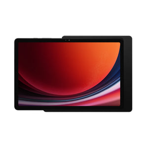 Displine Companion Wall Home wandhouder voor Samsung Galaxy Tab voor Samsung Galaxy TAB A9 en TAB A11, in zwart, vooraanzicht, met geïnstalleerde tablet
