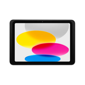 Displine Dame Wall 2.0 Premium iPad-wandhouder voor iPad 10e generatie 10,9 inch en iPad 11e generatie A16 11 inch, in zwart, vooraanzicht, met geïnstalleerde tablet