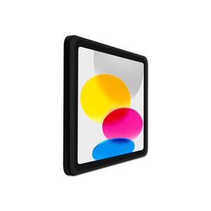 Displine Dame Wall 2.0 Premium iPad-wandhouder voor iPad 10e generatie 10,9 inch en iPad 11e generatie A16 11 inch, in zwart, zijaanzicht, met geïnstalleerde tablet