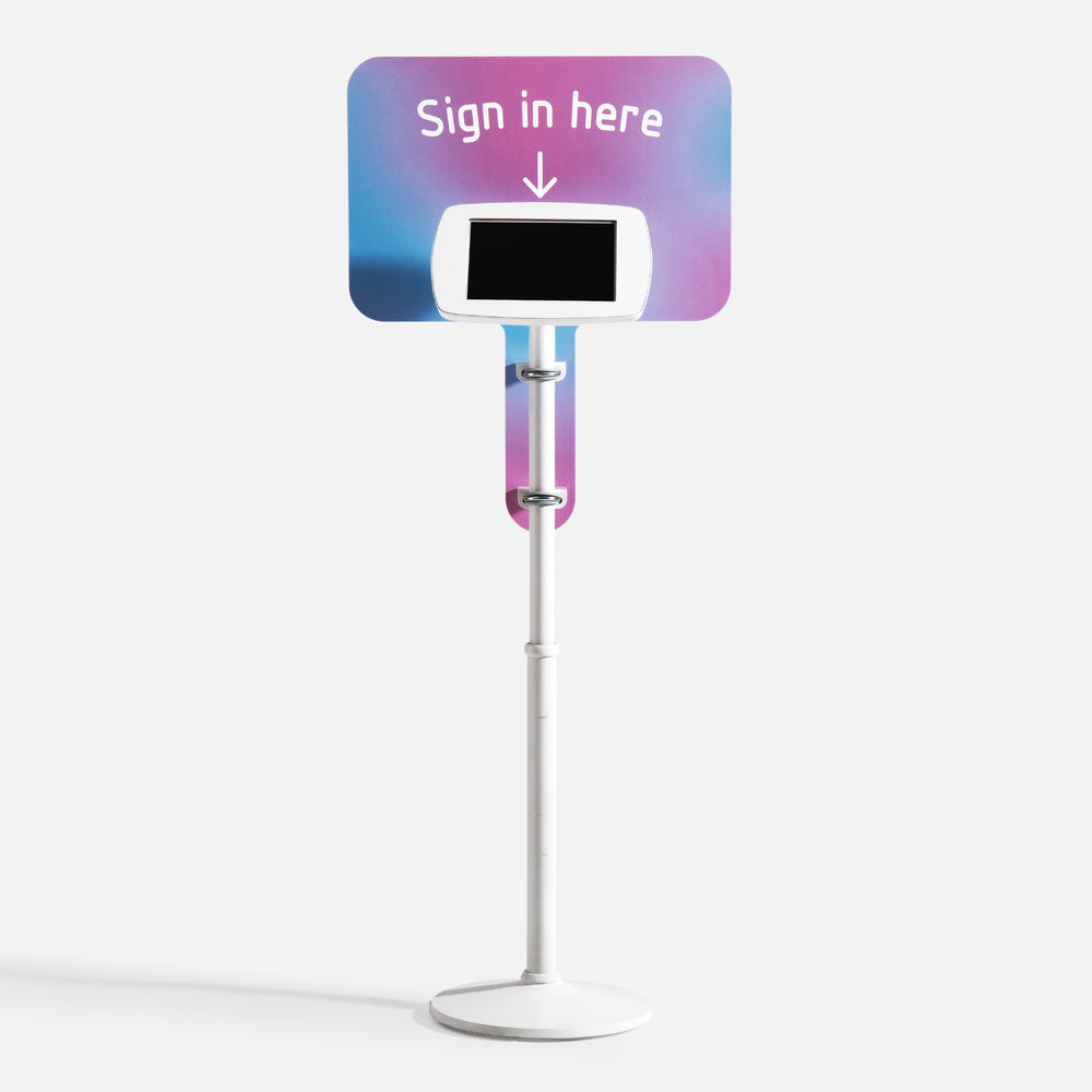 Bouncepad Original Elevate + Branding Board tablet vloerstativ in wit, vooraanzicht