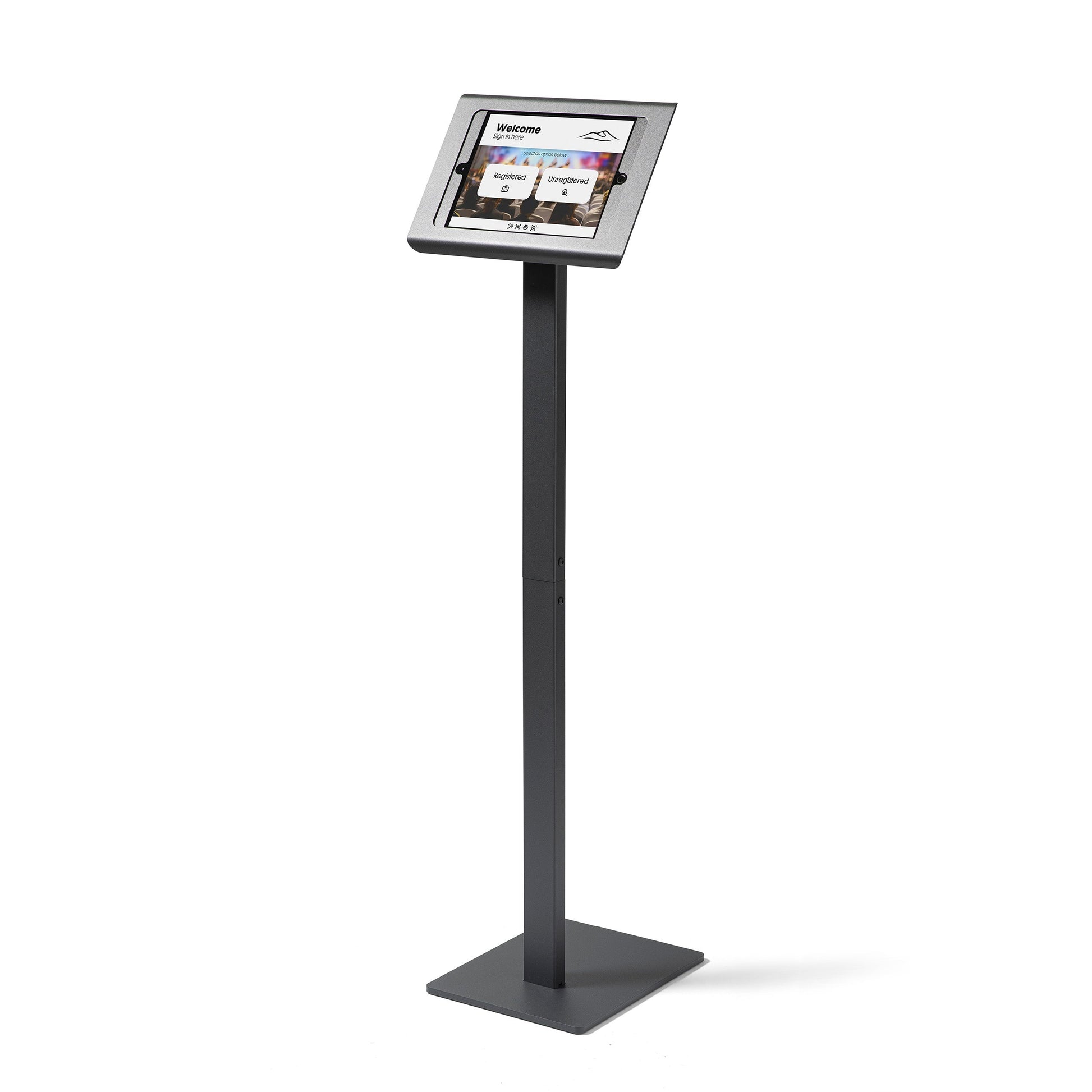 Tabdoq tablet-vloerstandaard compatibel met Apple iPads voor iPad 10,2 inch, in zwart, vooraanzicht